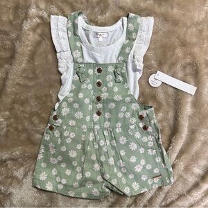 Tahari Girl Mint Green Daisy Short Overalls